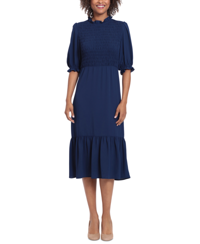 London Times Women's Smocked-bodice Tiered Midi Dress In Navy