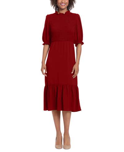 London Times Women's Smocked-bodice Tiered Midi Dress In Red