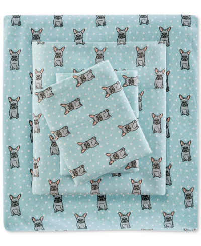 Sleep Philosophy True North By  Novelty Printed Cotton Flannel 4-pc. Sheet Set, King In Aqua French Bulldog