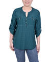 Ny Collection Plus Size Long Tab Sleeve Top With Pockets In Fanfare Black Houndstooth