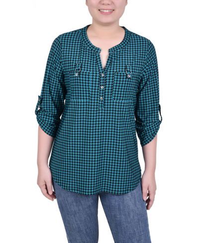 Ny Collection Plus Size Long Tab Sleeve Top With Pockets In Fanfare Black Houndstooth