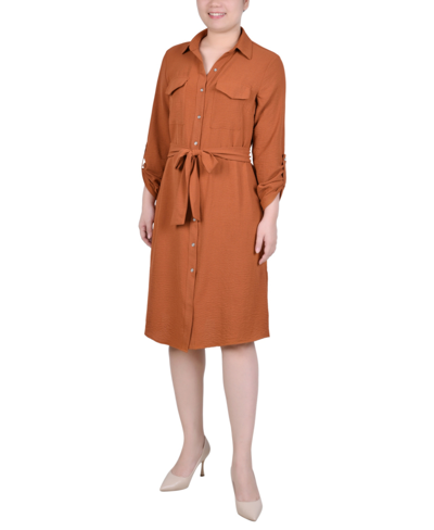 Ny Collection Women's Long Roll Tab Sleeve Shirtdress In Ginger Bread