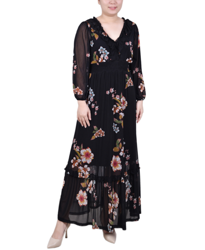 Ny Collection Women's Long Sleeve Mesh Maxi Dress In Black Floral