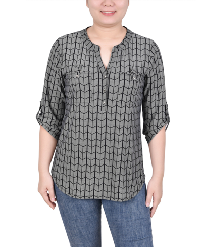 Ny Collection Women's Long Tab-sleeve Top With Pockets In Black White Diagonal Stripe Dot