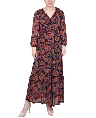 Ny Collection Women's Long Sleeve Mesh Maxi Dress In Black Rust Paisley