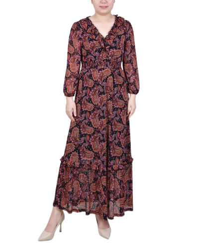 Ny Collection Petites Womens Aztecprint Long Sleeved Wear To Work Dress In Black Rust Paisley