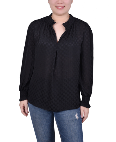Ny Collection Plus Size Long Sleeve Smocked Cuff Blouse In Black