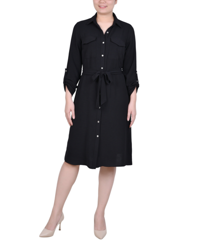 Ny Collection Women's Long Roll Tab Sleeve Shirtdress In Black