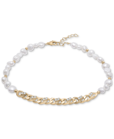 Macy's Cultured Freshwater Baroque Pearl (4-5mm) & Cubic Zirconia Link Bracelet In 14k Gold-plated Sterling