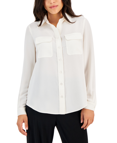 Ak Anne Klein Petite Long-sleeve Utility Blouse In Anne White