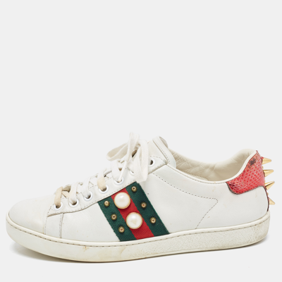 Pre-owned Gucci White Leather Faux Pearl Embellished Ace Low Top Sneakers Size 35