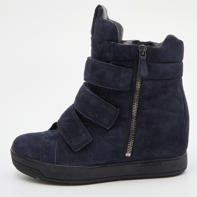 Pre-owned Prada Sport Blue Suede High Top Wedge Trainers Size 37.5