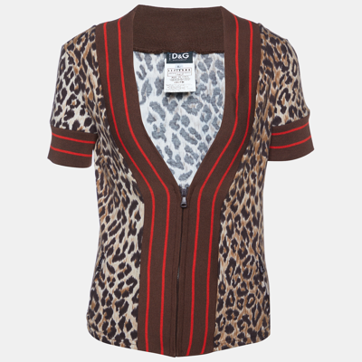 Pre-owned D & G Brown Leopard Printed Cotton Knit V-neck Crop Jacket L