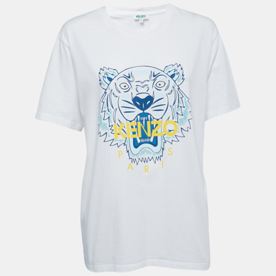 Pre-owned Kenzo White Logo Print Cotton Crew Neck Half Sleeve T-shirt L In Tan