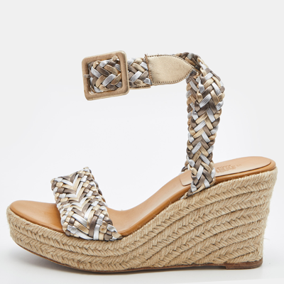 Pre-owned Hermes Metallic Woven Leather Sophia Espadrille Wedge Sandals Size 39