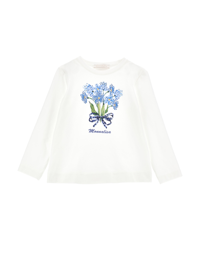 Monnalisa Kids'   Bouquet Print Jersey T-shirt In Cream + Light Blue