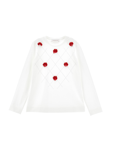 Monnalisa Kids'   Rhinestones And Bows T-shirt In Cream + Ruby Red