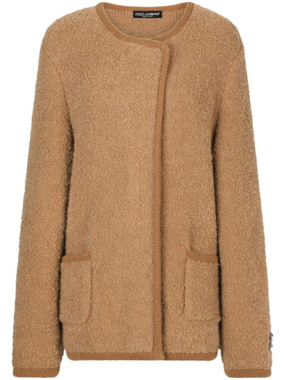 Dolce & Gabbana Logo-plaque Off-centre Knitted Coat In Brown