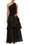 Aidan Mattox By Adrianna Papell Tiered One-shoulder Ballgown In Black