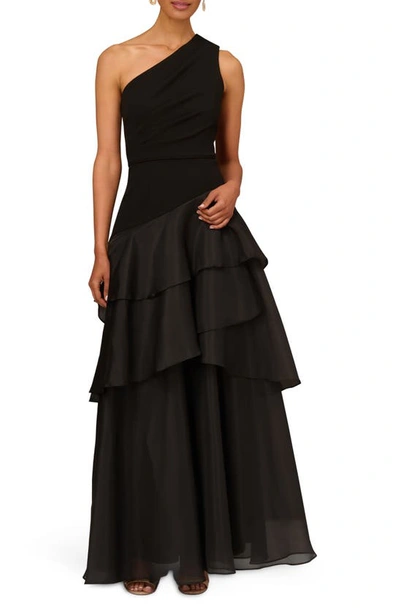 Aidan Mattox By Adrianna Papell Tiered One-shoulder Ballgown In Black