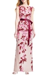 Adrianna Papell Floral Cascading Column Gown In Merlot Multi/nude