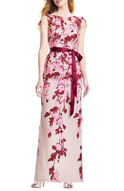 Adrianna Papell Floral Cascading Column Gown In Merlot Multi/ Nude