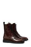 Tory Burch Double-t Croc Embossed Combat Boot In Brown Croc