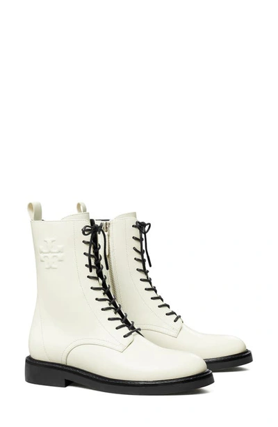 Tory Burch Embossed Logo Lace-up Combat Boot In Blanc