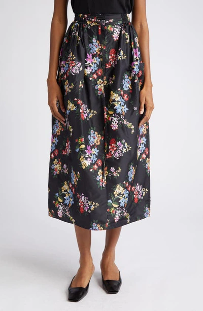 Adam Lippes Sackville Floral Print Belted Silk Taffeta Midi Skirt In Black Floral