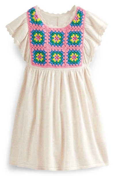 Mini Boden Kids' Crochet Front Flutter Sleeve Sweater Dress In Ecru Marl