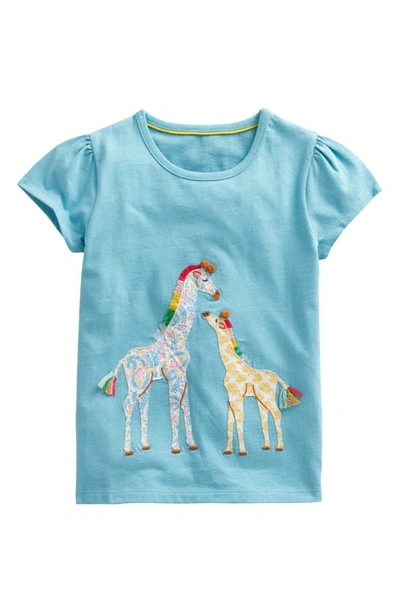 Mini Boden Kids' Puff Sleeve Appliqué T-shirt Delphinium Blue Giraffe Girls Boden