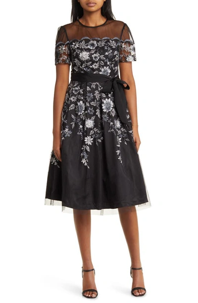 Eliza J Floral Embroidered Sheer Yoke Cocktail Midi Dress In Navy