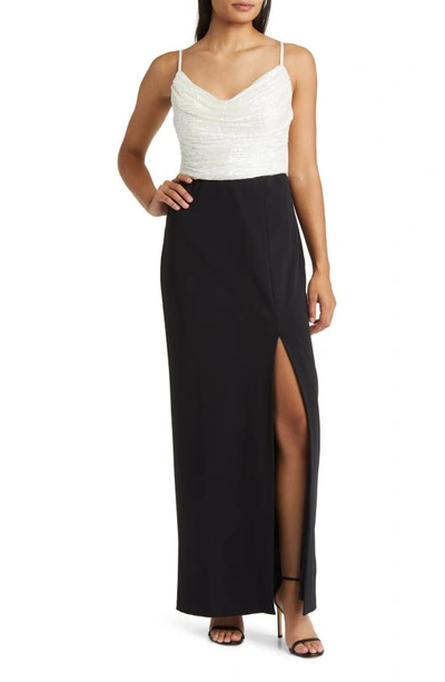 Vince Camuto Sequin Cowl Neck Gown In Black White