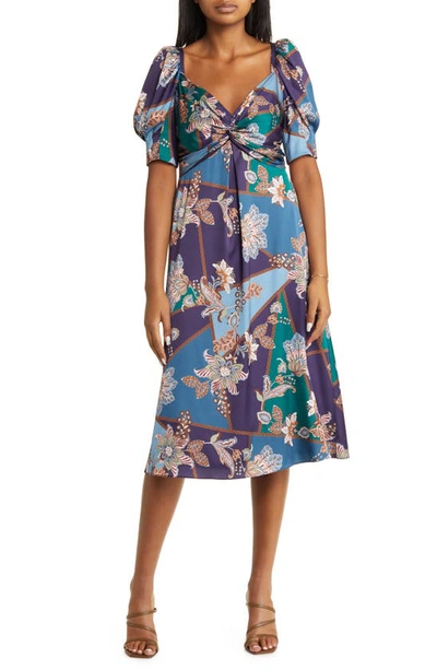 Vince Camuto Floral Paisley Satin Midi Dress In Navy Multi