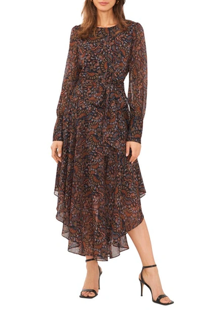 Halogen Print Tie Waist Long Sleeve Maxi Dress In Rich Black