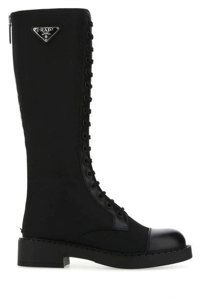 Prada Brushed Leather And Re-nylon Boots In Black