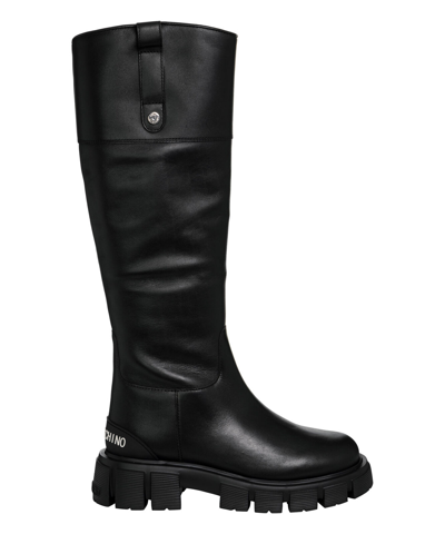 Pre-owned Love Moschino Knee High Boots Women Ja26015g1hia0000 Black Leather H 1.96 Inch