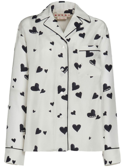 Marni Heart Logo-print Silk Shirt In Stone White