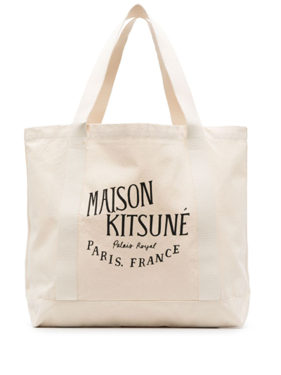 Maison Kitsuné Logo Print Tote In Ecru