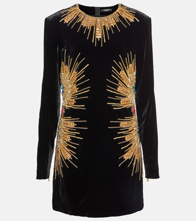 Balmain Embroidered Velvet Long-sleeve Mini Dress In Black Multicolor