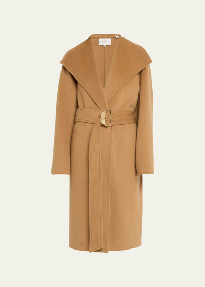 Vince Belted Drape-neck Long Coat In Almond