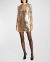 HALSTON MAUDE LONG-SLEEVE CHEVRON SEQUIN MINI DRESS