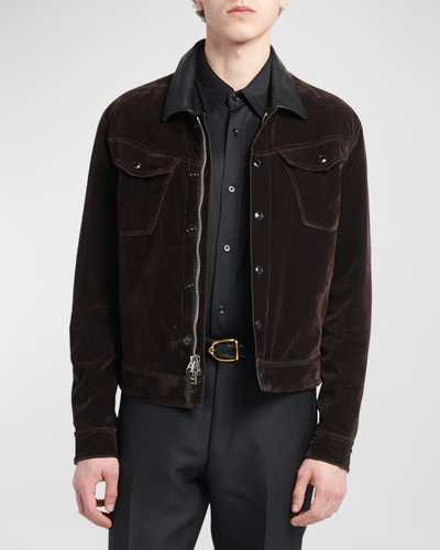 Tom Ford Men's Flocked Denim Western Jacket With Leather Collar In Military_green