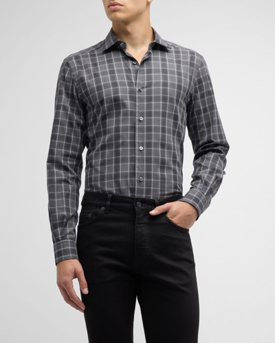 Zegna Men's Cotton Flannel Sport Shirt In Dark Gray Check