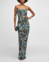 BRONX AND BANCO DAHLIA STRAPLESS FLORAL-EMBROIDERED COLUMN GOWN