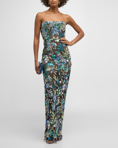 Bronx And Banco Dahlia Strapless Floral-embroidered Column Gown In Blue