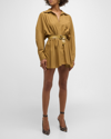 NORMA KAMALI BELTED BOYFRIEND-NECK FLARED MINI SHIRTDRESS