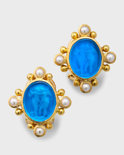 Elizabeth Locke 19k Venetian Glass Intaglio Cherub Twins Earrings With Pearl Spokes In Gold