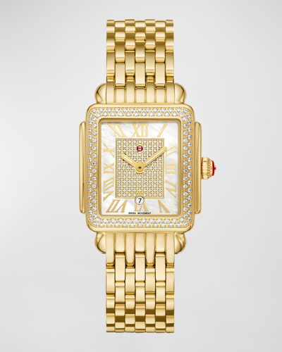 Michele Deco Madison Mid Pave 18k Gold Plated Watch With Mother-of-pearl In Yellow Gold