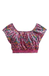 Mini Boden Kids' Azalea Print Square Neck Crop Top In Azalea Woodblock Vine